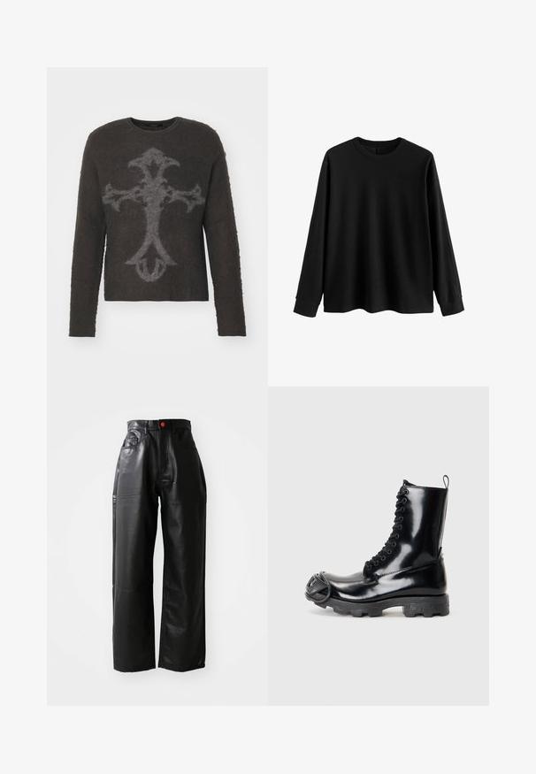 Tmavě šedý svetr s dlouhými rukávy, kulatým výstřihem a chlupatou texturou. Má velký stylizovaný vzor kříže ve světle šedé barvě.; Černý svetr s dlouhým rukávem vyrobený z měkké tkaniny, s kulatým výstřihem, volným střihem a žebrovanými manžetami. Minimalistický design, bez dalších vzorů.; Černé široké kalhoty z umělé kůže s vysokým pasem, viditelnými kapsami a červeným knoflíkem jako akcentem, se hladkým, lesklým povrchem.; Černé lakované kožené bojové boty s lesklým povrchem, šněrovacím designem, silnou gumovou podrážkou a charakteristickým předním kovovým detailem.