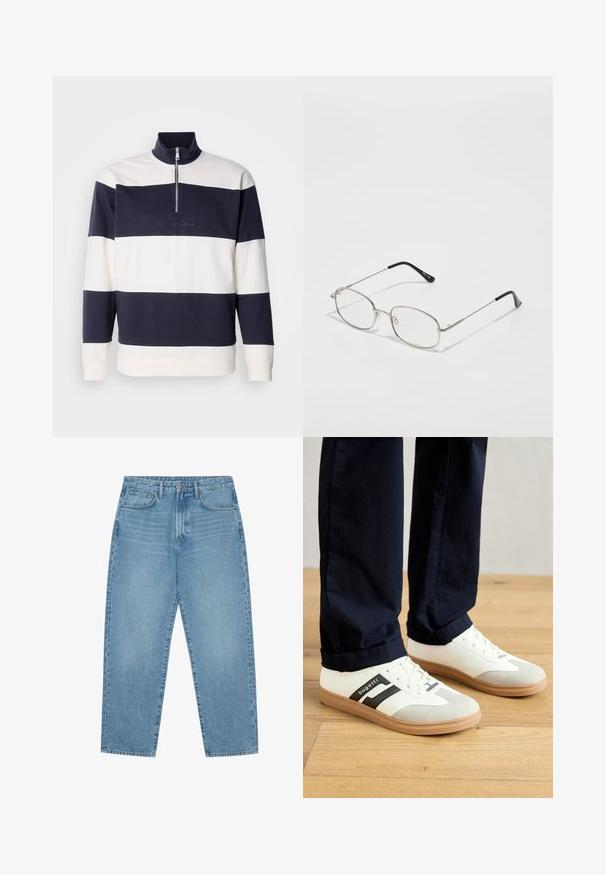 Granatowy i biały pulower w paski z wysokim kołnierzem i ćwierć zamkiem. Wykonany z miękkiej bawełny, z haftowanym logo z przodu.; Jasnoniebieskie dżinsowe spodnie o szerokich nogawkach i wysokim stanie, z pięcioma kieszeniami, szlufkami na pasek oraz miękką, lekko przytłumioną fakturą.; Białe i szare sneakersy z czarnymi paskami, wykonane ze skóry, z gumową podeszwą i płaskimi sznurowadłami. Noszone z granatowymi spodniami na drewnianej podłodze.; Metalowe okulary z owalną oprawą, srebrnymi obrzeżami i przezroczystymi soczewkami. Cienkie, proste zauszniki z czarnymi końcówkami, minimalistyczny design.