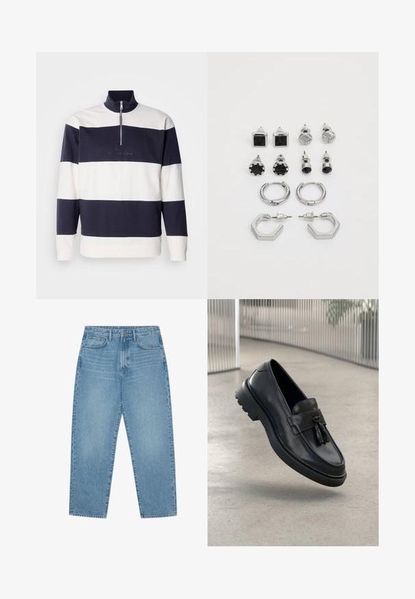 Navy and white striped pullover with a high collar and quarter zip. Soft cotton material, features embroidered logo on the front.; Light blue denim jeans with a straight-leg cut, five-pocket design, and a slightly faded texture. Features a button and zipper closure.; Black leather loafers with a smooth finish, decorative tassel, thick rubber sole, and stitched accents. Lightweight and sleek design.; Silver-tone earrings set, featuring two pairs of hoop earrings and six stud pairs with various shapes and textures, including black accents.