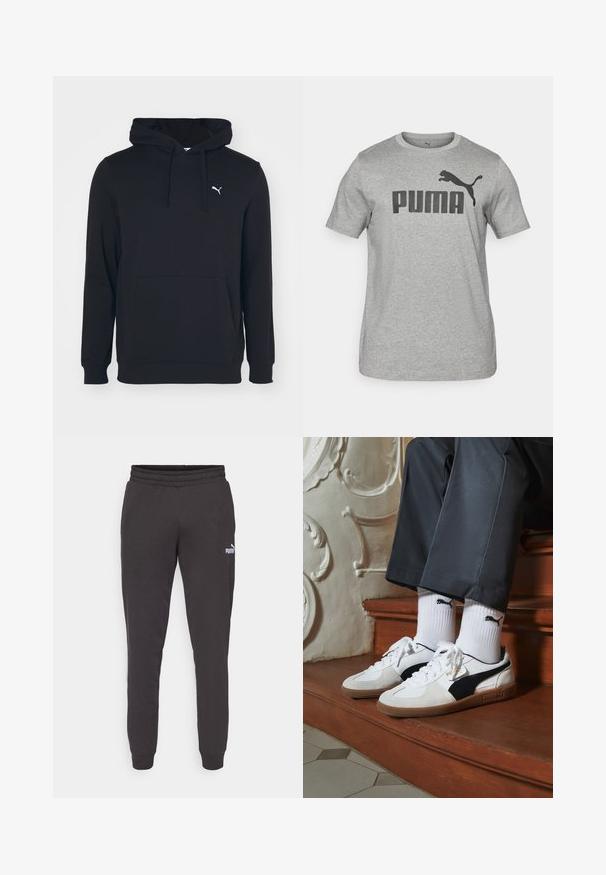 Felpa nera in cotone misto, con tasca frontale, cappuccio con cordini e piccolo logo bianco sul petto. Tessuto liscio.; T-shirt in cotone grigio con maniche corte, caratterizzato da un grande logo nero "PUMA" e un grafiche di un puma nero sulla parte anteriore. Collo rotondo.; Pantaloni da tuta grigio scuro con vita elasticizzata, gambe affusolate e un piccolo logo Puma bianco sulla coscia sinistra. Materiale in morbido misto cotone.; Sneakers Puma in suede bianco e nero, con suola in gomma marrone. Abbinati a calzini bianchi con logo nero, indossati con pantaloni scuri.