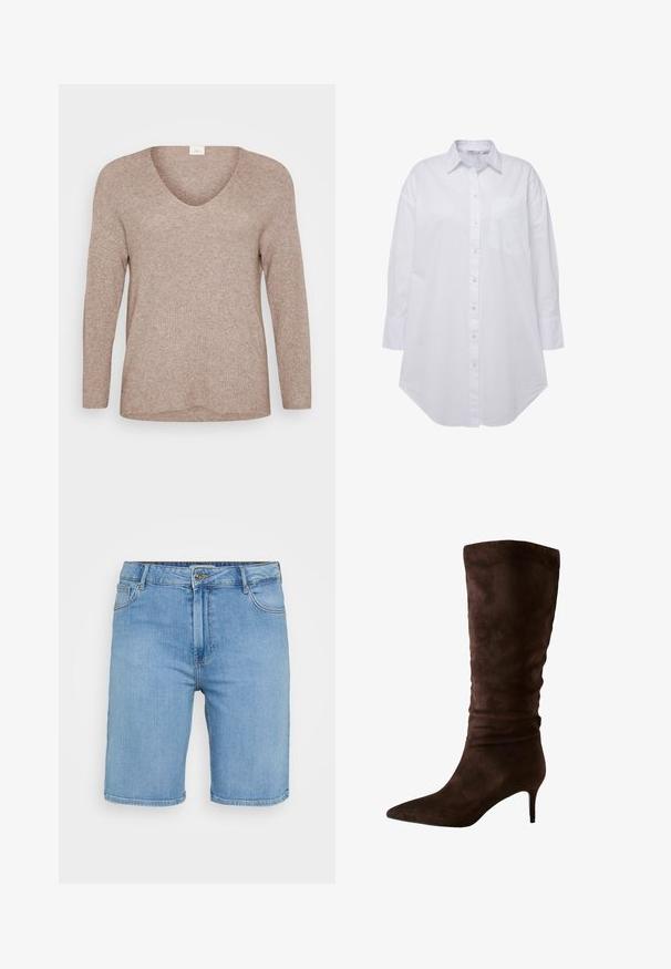 Světle hnědý, žebrovaný svetr s dlouhými rukávy a výstřihem do V. Hladká textura s uvolněným střihem a rovním lemem. Žádné viditelné vzory ani akcenty.; Bílá košile s límečkem, s jednou kapsou na levé straně hrudi, dlouhé rukávy s knoflíkovými manžetami a zakřiveným lemem. Vyrobeno z bavlny.; Světle modré džíny s klasickým střihem, s předním zapínáním na knoflík, poutky na opasek a dvěma bočními kapsami. Hladká textura a rovný lem.; Hnědé semišové kozačky po kolena s špičatou špičkou a štíhlým podpatkem. Design obsahuje nabranou texturu blízko vršku pro dodatečný detail.