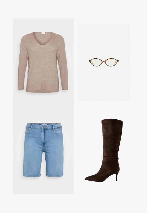 Light brown, ribbed sweater with long sleeves and a V-neckline. Smooth texture with a relaxed fit and a straight hem. No visible patterns or accents.; White button-up shirt with a collar, single pocket on the left chest, long sleeves with button cuffs, and a curved hem. Crafted from cotton.; Light blue denim shorts with a classic cut, featuring a front button closure, belt loops, and two side pockets. Smooth texture and straight hem.; Brown suede knee-high boot with a pointed toe and a slim heel. The design features a gathered texture near the top for added detail.; Tortoiseshell eyeglasses with oval lenses and a sleek, smooth finish. Features thin sides with a subtle curve at the temples. Clear lenses.