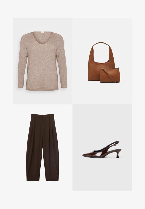 Light brown, ribbed sweater with long sleeves and a V-neckline. Smooth texture with a relaxed fit and a straight hem. No visible patterns or accents.; Brown high-waisted trousers with pleats, made of smooth fabric. Loose fit, straight leg design, featuring belt loops and a zip fly.; Brown patent leather slingback shoe with a pointed toe and a moderate heel. Features a buckle strap for secure fit. Smooth texture.; Brown synthetic handbag with a curved handle and a smooth texture. Includes a matching small pouch with a zipper. Minimalist design.