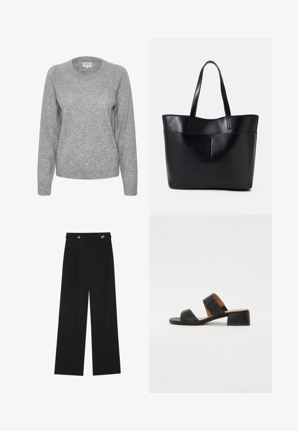 Szürke pulóver kerek nyakkivágással, hosszú ujjakkal és bordázott mandzsettával. Az anyag puhanak tűnik, világos textúrájú és enyhén laza szabású.; Fekete, bő szárú nadrág magas derékkal, gombos részletekkel a derékrészen és elülső pliszékkal.; Fekete bőr szandál, két széles pánttal a lábfej fölött, négyzet alakú orral és alacsony blokksarkal. Simás textúra és minimalista dizájn.; Fekete bőr bevásárlótáska két hosszú fogantyúval, sima felülettel és strukturált formával. Elülső zseb található rajta a plusz tárolás érdekében.