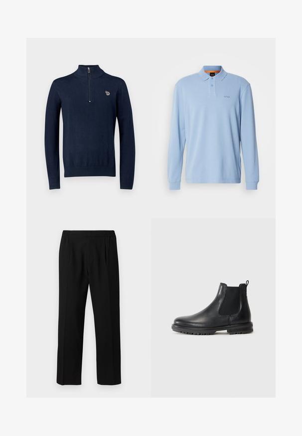 Pullover blu navy a maglia con colletto alto e zip a metà lunghezza. Presenta un piccolo logo di elefante ricamato sul petto. Maniche lunghe.; Polo a maniche lunghe di colore blu chiaro in tessuto texturizzato con colletto e apertura a due bottoni, con logo "BOSS" ricamato sul petto.; Pantaloni neri realizzati in un tessuto morbido, con vita elastica, design a gamba dritta e due pieghe frontali per un tocco di dettaglio.; Stivale Chelsea in pelle nera con pannelli elastici laterali, linguetta, punta arrotondata e suola robusta con scanalature per la trazione.
