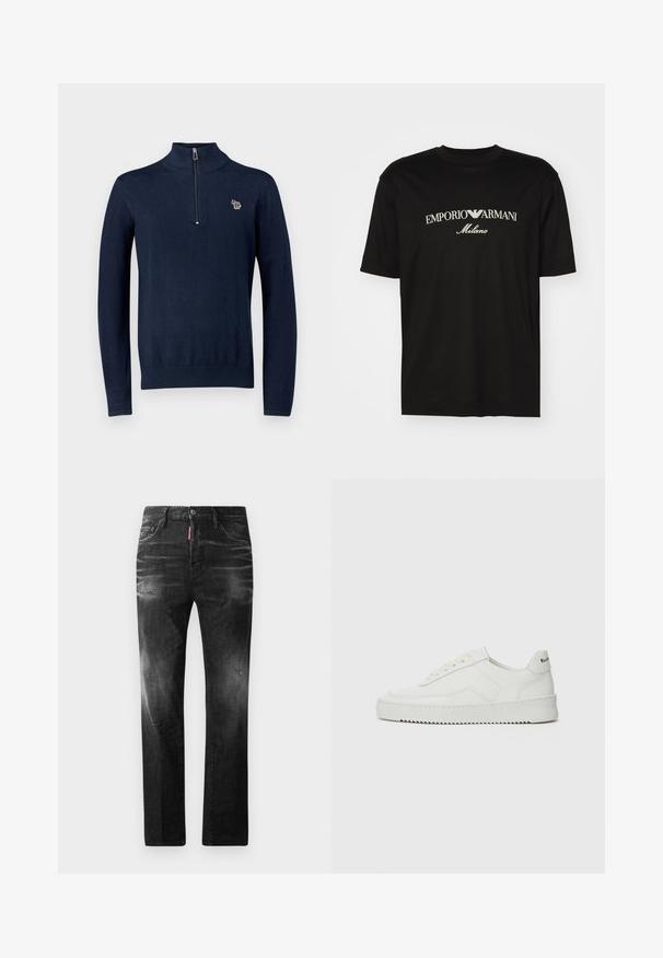 Navy knit pullover with a high collar and half-length zipper. Features a small embroidered elephant logo on the chest. Long sleeves.; Black cotton T-shirt featuring a round neckline, short sleeves, and "EMPORIO ARMANI" logo in white above "Milano" in a curved design.; Black denim jeans with a straight fit. Features faded areas, minor distressing, classic five-pocket design, and a button closure.; White leather sneaker with a smooth finish, round toe, flat laces, and a textured sole. Features a subtle logo on the heel.