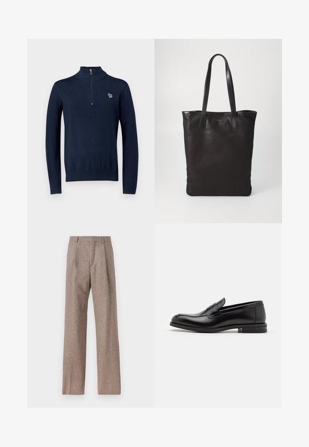 Navy knit pullover with a high collar and half-length zipper. Features a small embroidered elephant logo on the chest. Long sleeves.; Brown, high-waisted trousers made of textured fabric. Features wide legs and two front pleats for structure. Neat finish with no visible hardware.; Black leather loafers with a smooth texture, rounded toe, and a decorative strap across the vamp. Low stacked heel, minimalist design.; Black canvas tote bag with black leather handles. Simple design, spacious body, and a smooth texture. No visible logos or patterns.