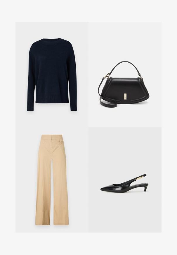 Maglione blu scuro realizzato in morbido tessuto a maglia, con colletto a girocollo a coste e maniche lunghe, dal taglio rilassato e una leggera texture.; Pantaloni beige a gamba larga realizzati in tessuto misto cotone. Caratterizzati da una texture liscia, una vita elastica e un dettaglio con bottone laterale.; Tacchi slingback in pelle nera con punta affusolata, caratterizzati da un tacco alto e un accento dorato sulla cinghia regolabile. Texture liscia.; Borsa a mano in pelle nera con un design strutturato, caratterizzata da una forma corta, manico superiore e accessori in metallo dorato. Inclusa tracolla regolabile.