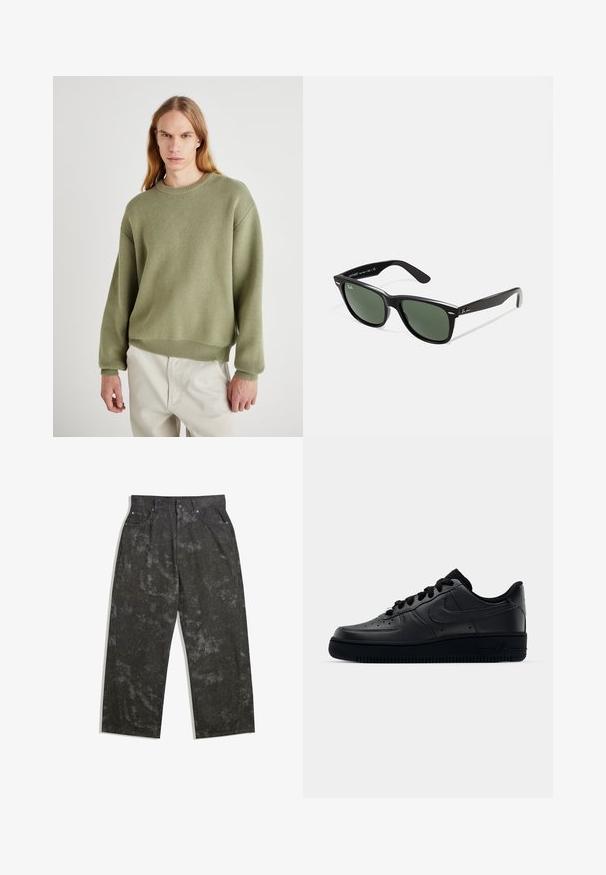 Pull en tricot vert avec un col rond, des épaules tombantes et des poignets côtelés. La texture est douce, avec une coupe décontractée et un minimum de détails.; Pantalons en denim gris foncé avec une coupe décontractée, présentant des motifs mouchetés subtils et des accents en métal. Design à cinq poches.; Baskets Nike Air Force 1 noires avec un dessus en cuir lisse, bout perforé pour la respirabilité, lacets noirs et semelle en caoutchouc texturé.; Lunettes de soleil en plastique noir avec verres verts, monture carrée, accent argenté sur le sourcil et branches texturées. Marque indiquée sur l'intérieur de la branche.