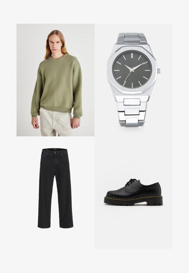 Zielony sweter dzianinowy z okrągłym dekoltem, opadającymi ramionami i prążkowanymi mankietami. Tekstura jest miękka, a krój swobodny z minimalnymi detalami.; Czarne dżinsy o prostych nogawkach z zapięciem na guziki i zamek błyskawiczny, szlufkami na pasek oraz przednimi i tylnymi kieszeniami.; Czarne skórzane buty na sznurówki z zaokrąglonym noskiem, teksturowaną gumową podeszwą i żółtym przeszyciem wokół podstawy. Płaski design i gładkie wykończenie.; Srebrny zegarek analogowy z ośmiokątną kopertą, szarym cyferblatem, srebrnymi znacznikami godzinowymi oraz bransoletą z ogniw ze stali nierdzewnej. Minimalistyczny design o gładkiej fakturze.