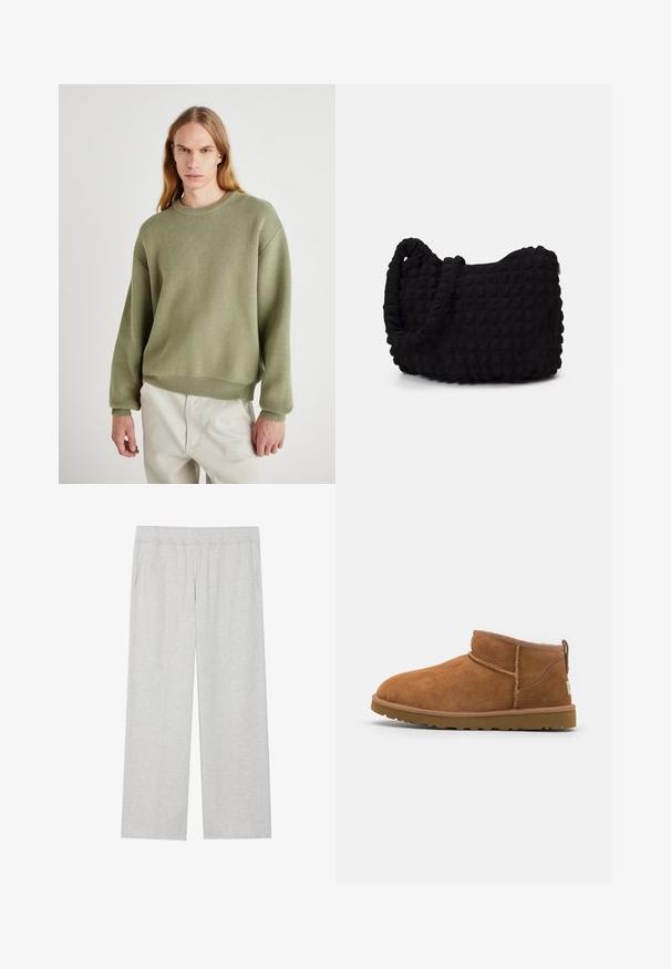 Green knitted sweater with a round neckline, dropped shoulders, and ribbed cuffs. The texture is soft, with a casual fit and minimal detailing.; Light gray, wide-leg sweatpants made of soft fabric. Features an elastic waistband and side pockets. Smooth texture with a clean design.; Tan suede ankle boot with a rounded toe, subtle stitching details, and a textured rubber sole. Short height without laces.; Black fabric bag with a textured, quilted pattern. Rounded shape, short, thick handles, and a soft, flexible structure.
