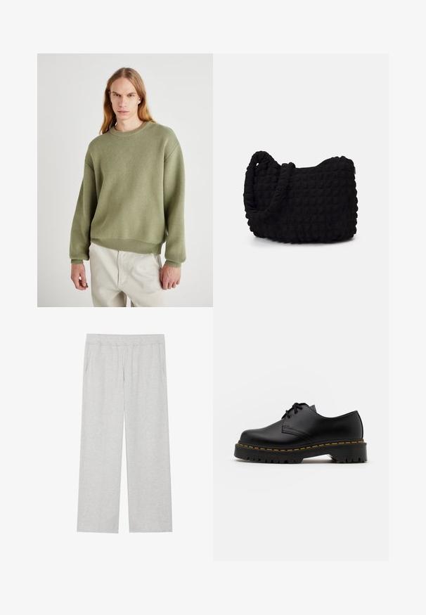 Zelený pletený svetr s kulatým výstřihem, spadlými rameny a žebrovanými manžetami. Textura je měkká, s uvolněným střihem a minimálními detaily.; Světle šedé, široké tepláky vyrobené z měkké tkaniny. Obsahují elastický pas a postranní kapsy. Hladký povrch s čistým designem.; Černá kůže šněrovací boty s kulatou špičkou, texturovanou gumovou podrážkou a žlutým prošíváním kolem základny. Plný design a hladký povrch.; Černá látková taška s texturovaným, prošívaným vzorem. Zaoblený tvar, krátké, silné uchy a měkká, flexibilní struktura.