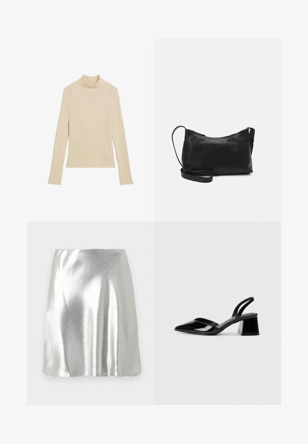 Ribbed knit long-sleeve top in off-white with a high collar and slim fit. Features vertical texture and a cropped hem.; Silver metallic mini skirt with a smooth texture and a slight sheen. Features a flared design and a simple, clean cut hemline.; Black patent leather slingback heels with a pointed toe and a geometric block heel. Features a sleek, minimal design and smooth texture.; Black leather shoulder bag with a smooth texture, curved shape, adjustable strap, and a zip closure. Minimalist design without embellishments.