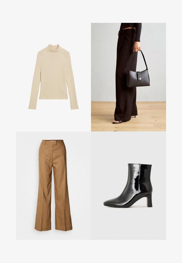 Ribbed knit long-sleeve top in off-white with a high collar and slim fit. Features vertical texture and a cropped hem.; Brown wide-leg pants made of lightweight fabric. Features a flat front, belt loops, and a tailored silhouette with an ankle-length cut.; Black patent leather ankle boot with a pointed toe and a mid-height block heel. Smooth texture and minimalist design.; Black handbag with structured shape, smooth texture, and a metallic clasp. Paired with wide black pants and open-toe sandals on wooden floor.