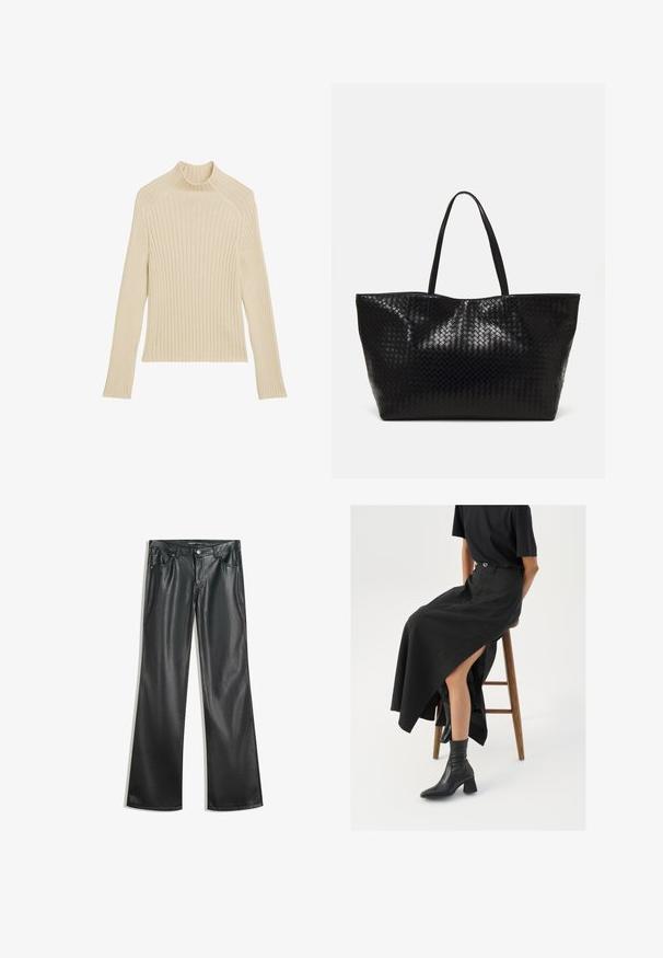 Ráncolt kötésű, hosszú ujjú, off-white színű felső magas gallérral és karcsú szabással. Jellemzője a függőleges textúra és a cropped fazonú alsó szegély.; Fekete műbőr bővülő nadrág sima textúrával, öt zsebbel, elülső cipzárral és kontrasztos varrásokkal.; Fekete len maxi szoknya magas hasítékkal, fekete pólóval és fekete bokacsizmával viselve. Minimalista dizájn, laza illeszkedéssel.; Fekete szövött bevásárlótáska két strapabíró füllel, fényes felülettel és tágas, nyitott tetejű kialakítással.