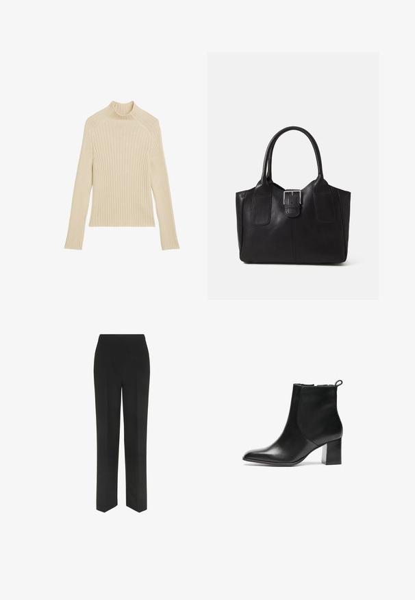 Geribbeld gebreide longsleeve top in off-white met een hoge kraag en een slim fit. Heeft een verticale textuur en een cropped zoom.; Zwarte broek met een recht pootontwerp, met een eenvoudige tailleband en zonder zichtbare zakken, weergegeven tegen een witte achtergrond.; Zwarte leren enkelboot met een ronde neus, een blokhak van gemiddelde hoogte en een trekstrap aan de achterkant. Glad textuur, minimalistisch ontwerp.; Zwarte leren tote bag met een gladde textuur, gestructureerde vorm, twee handvatten en een opvallend zilveren sluitingdetail aan de voorkant.
