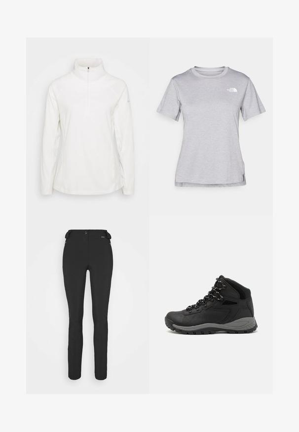 Weißer Fleece-Pullover mit hohem Kragen und halbem Reißverschluss, ausgestattet mit Raglansäulen und einer glatten Textur. Einfaches und funktionales Design.; Graues T-Shirt mit kurzen Ärmeln aus weichem, feuchtigkeitsableitendem Stoff. Hat einen Rundhalsausschnitt und ein kleines weißes Logo auf der oberen linken Seite.; Schwarze, enganliegende Hosen aus einem flexiblen Material. Zu den Merkmalen gehören eine seitliche Reißverschlusstasche, vorgeformte Knie und eine glatte Textur.; Schwarzer Wanderstiefel mit einem mittelhohen Design, ausgestattet mit einer strukturierten Oberfläche, grauen Akzenten und einer robusten Gummisohle mit Profilstollen.