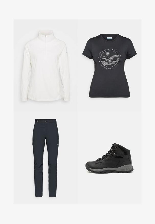 Valkoinen fleece-poolo, jossa on korkea kaulus ja puoli-vetoketju, raglan-hihat ja sileä pinta. Yksinkertainen ja toiminnallinen muotoilu.; Musta Columbia T-paita, jossa on valkoinen ympyrämuotoinen vuori- ja joki-viivataide sekä teksti "Columbia Sportswear Company Ulkona vuodesta 1938."; Miestne vonkajšie nohavice, tmavo šedé, vyrobené z flexibilného materiálu, s opaskom, zipsovými vreckami a zosilneným šitím.; Musta vaelluskenkä, jossa on puolivartinen muotoilu, jolle on ominaista teksturoitu päällinen, harmaat yksityiskohdat ja kestävä kumipohja, jossa on pitoita lisääviä lukuja.