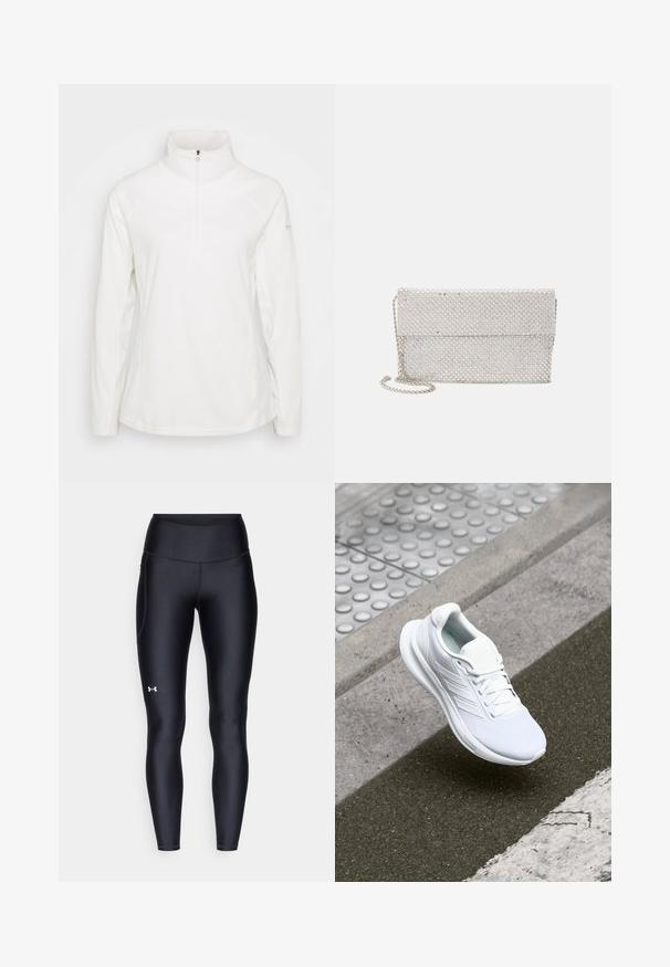 Fehér bolyhos pulóver magas nyakú és félcipzáros kivitelben, raglán ujjakkal és sima felülettel. Egyszerű és funkcionális dizájn.; Fekete leggings sima, rugalmas anyagból, magas derékkal. Bal combján fehér logó található, és testhezálló kialakítású.; Fehér sportcipő hálós felsőrésszel, fűzős kialakítással és texturált talppal. Diszkrét logózás és zökkenőmentes kivitelezési részletek láthatók.; Ezüst hálós clutch táska textúrált, szőtt mintázattal, hajtótetővel és levehető lánc pánttal a könnyű hordozhatóság érdekében.; Kristály csepp fülbevalók ezüst színű fémalkatrészekkel, négyzet alakú studdal és lefelé csüngő téglalap és oktogon alakú kristályok sorozatával.