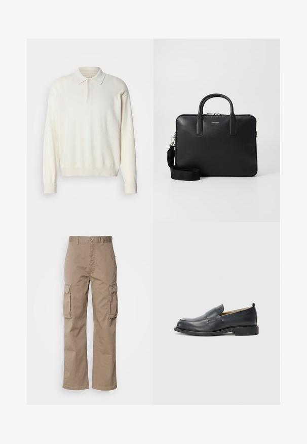 Weißer, langärmeliger Polo-Sweater aus weichem Material, mit klassischem Kragen, Knopfleiste und gerippten Bündchen sowie Saum.; Beige Cargo-Hosen aus Baumwolle mit einer lockeren Passform, zwei Seitentaschen und einem Knopfverschluss am Bund.; Schwarzlederne Slipper mit einem glatten Finish, einer flachen Sohle und einer abgerundeten Zehenpartie, die einen dekorativen Riemen über dem Obermaterial aufweisen.; Schwarze Lederaktenmappe mit strukturiertem Finish, doppelten Griffen, abnehmbarem Schultergurt und einem Logo-Detail an der Vorderseite. Reißverschlussverschluss.