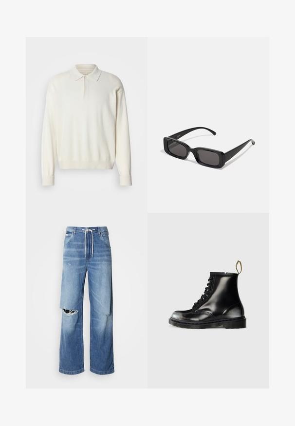 Bela, dolga polo jopica iz mehke tkanine, z klasičnim ovratnikom, gumbnim zapenjanjem in rebrastimi manšetami ter robom.; Svetlo modri kavbojke z ohlapnim krojem, z belim vrvico na pasu in izrazitimi raztrganinami spredaj, ki kažejo na odrgnjene robove.; Črne usnjene gležnjarje s sijajno površino, osem luknjicami, črnimi vezalkami in zanko za pomoč pri obuvanju. Imajo teksturiran podplat z globokim profilom.; Črne pravokotne sončna očala z temnimi lečami, sijajna površina, široka ročaja in masiven okvir. Vgravirano ime blagovne znamke na eni ročaji.