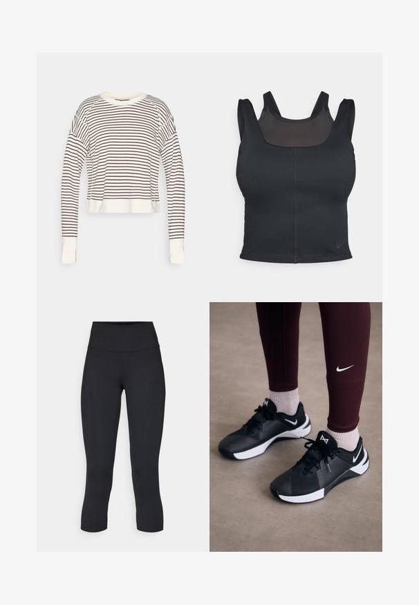 Cropped long-sleeve top in cream with dark brown horizontal stripes. Features a round neckline and fitted cuffs. Soft fabric texture.; Black sports bra featuring a fitted design, wide straps, and a mesh overlay on the front. Smooth texture and minimal seams. Nike logo on hem.; Black cropped leggings made of stretchy fabric, featuring a high waistband and smooth texture, with no visible patterns or hardware.; Black athletic shoes with a textured upper and white accents, featuring laces and a side logo. Worn with maroon leggings and light socks.