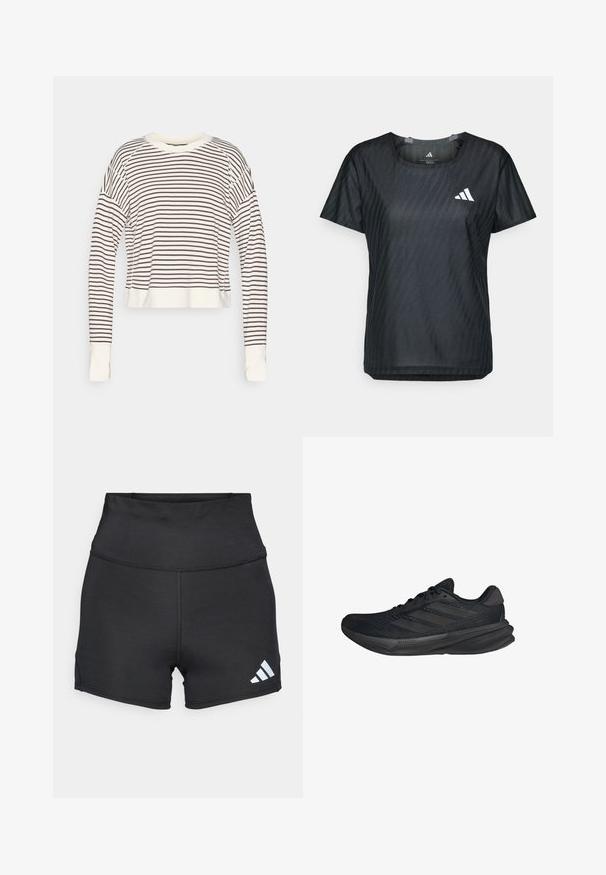 Top a maniche lunghe tagliato in crema con strisce orizzontali marroni scure. Presenta un collo rotondo e polsini aderenti. Tessuto morbido.; T-shirt sportivo nero con collo rotondo, maniche corte e un tessuto testurizzato che presenta un motivo sottile. Con logo bianco sul davanti.; adidas Performance Leggings - black; Scarpe sportive nere con tomaia in rete, forma aerodinamica, suola piatta e tre strisce diagonali sui lati. Design leggero per il massimo comfort.