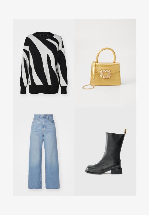 Svart och vit randig tröja i mjukt stickat material, med rundad halsringning och ribbade ärmslut och nederkant, samt en avslappnad passform.; Ljusblå högmidjade vida jeans med knapp- och dragkedjestängning, fram- och bakfickor, mot en vit bakgrund.; Svart läderankelboots med klossklack, slät yta, rund tå och en hälflik med gul märkning.; Gul faux-krokodilhandväska med en strukturerad design, topphandtag, avtagbar kedjesladd och dekorativa kristalldekorationer på klämman.