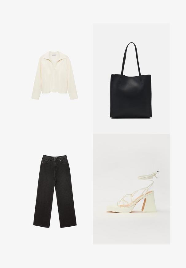 Dzianinowy sweter w kolorze kości słoniowej o luźnym kroju, z dekoltem w kształcie litery V i kołnierzykiem. Posiada prążkowaną teksturę oraz długie rękawy, idealny na co dzień.; Czarne dżinsy o szerokich nogawkach, wykonane z denimu, w małe kropeczki, klasyczny pięć kieszeniowy fason oraz zapięcie na guzik i suwak.; Biała sandał na wysokim obcasie z masywnym słupkiem, z paskowym wzorem i wiązaniem przy kostce. Gładka faktura z platformą z przodu dla dodatkowej wysokości.; Czarna skórzana torba tote o gładkiej fakturze, prostokątnym kształcie i dwóch długich uchwytach. Brak widocznych elementów metalowych i ozdób.