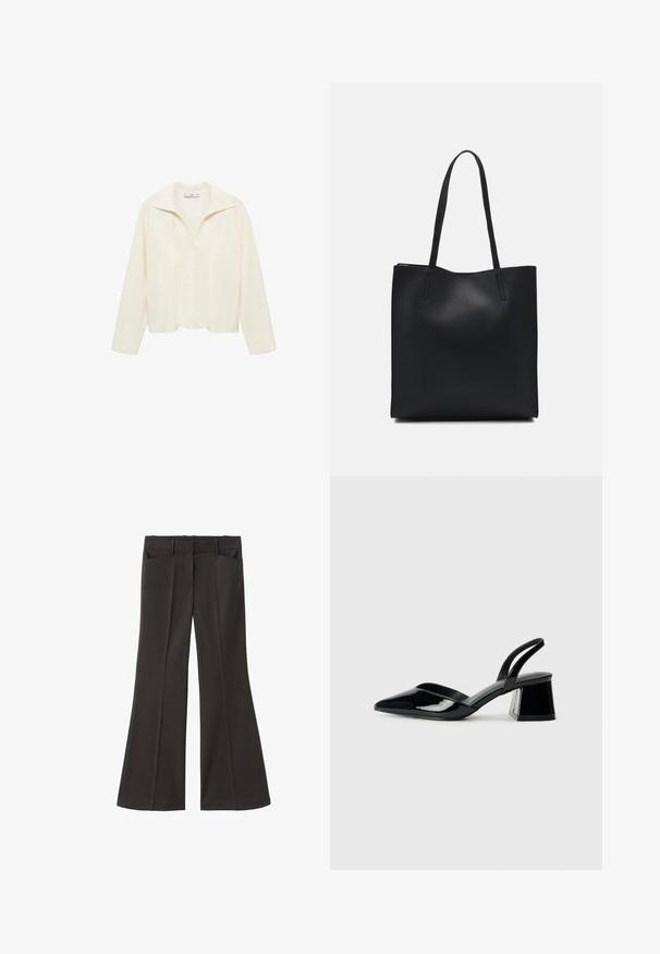 Knitted, ivory sweater with a relaxed fit, V-neck, and collar. Features ribbed texture and long sleeves, suitable for casual wear.; Black flared trousers with a high waist; features two front pockets and a smooth fabric texture. Suitable for various occasions.; Black patent leather slingback heels with a pointed toe and a geometric block heel. Features a sleek, minimal design and smooth texture.; Black leather tote bag with smooth texture, rectangular shape, and two long handles. No visible hardware or embellishments.