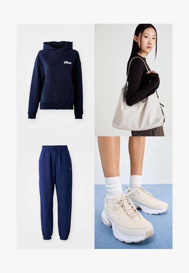 Mornarsko plava dukserica s kapuljačom napravljena od mekanog materijala. Ima prednji džep i bijeli logo na prsima. Riblji rubovi na rukavima i donjem rubu.; Mornarsko plave trenirke od mekog materijala, s elastičnom strukom i vezicom, elastičnim rukavima i malim bijelim logotipom.; Bež sportske cipele s teksturiranim gornjim dijelom, bijelim vezicama i debelim bijelim potplatom. Dizajn sadrži suptilne obline i mali logo.; Bežna torba od mekog materijala s opuštenim dizajnom, šivanim detaljima i dva remena za rame. Pogodna za svakodnevnu upotrebu.
