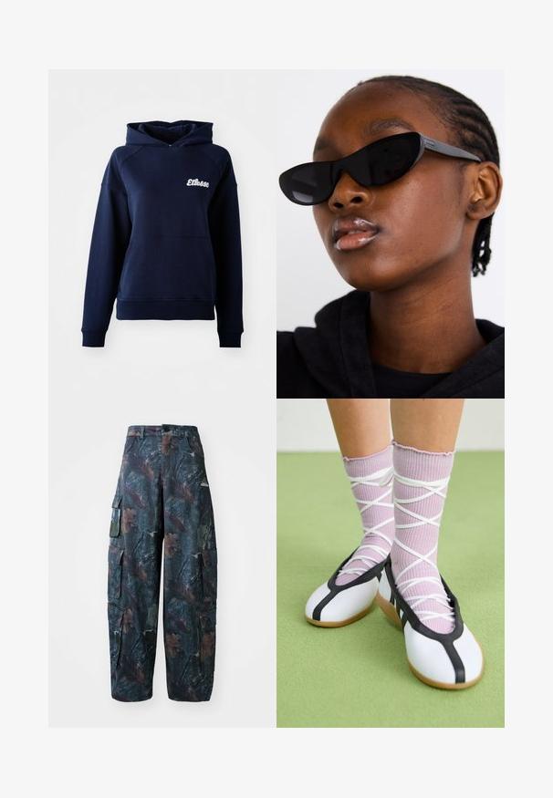 Tumši zils kapucis džemis, kas izgatavots no mīkstas gandrīz materijas. Iespējas aizmugurējā kabata un balts logo uz krūšu daļas. Džemperim ir ribas aproces un apakša.; Tums cargo bikses tumši zaļā un brūnā krāsā ar vairākiem kabatām un brīvu piegriezumu, izgatavotas no viegla, izturīga auduma.; Baltas plakans kurpes ar melniem akcentiem un zoli, saskaņoti ar gaiši violetām ribotām zeķēm ar baltām krustveida siksnām. Iestatīts zaļā fona.; Melnas kaķa acs saulesbrilles ar matētu apdari, kas izceļas ar elegantu dizainu un maigi izliektiem stūriem, fona attēlā ir modelis ar tumšām drēbēm.; Sudraba riņķveida auss gredzeni ar gludu, pulētu apdari. Apaļa forma un drošs klikšķa augšējais slēgums. Viegls dizains, kas piemērots ikdienas valkāšanai.