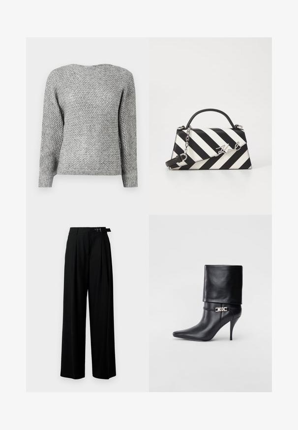 Suéter cinza de malha com um padrão de diamante texturizado, mangas compridas e gola redonda. Punhos e bainha canelados. Material leve.; Calças largas pretas de cintura alta, com pregas à frente e um cinto com fivela. Feitas de um tecido liso e leve.; Bota de tornozelo em couro preto com bico fino, alto salto stiletto, punho dobrado e detalhe decorativo em fivela dourada no tornozelo.; Bolsa de mão às riscas pretas e brancas com um formato estruturado, apresentando uma alça superior, uma alça de corrente destacável e um detalhe em logotipo metálico.