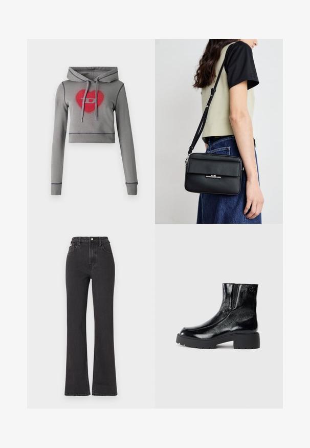 Gray cropped hoodie with long sleeves, drawstring hood, and red heart and logo design embellished with rhinestones. Contrast stitching detail.; Black high-waisted flared jeans made of denim, featuring a button closure, belt loops, and side pockets. Smooth texture with minimal fading.; Black ankle boots with a glossy patent leather finish, chunky black rubber sole, and raised heel; includes subtle logo detail on the side.; Calvin Klein LINEAR CAMERA BAG - Cross body bag - black