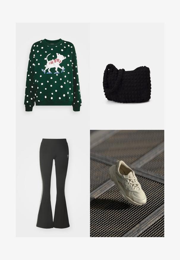 Monki Camisola - green; Leggings pretos flare feitos de tecido elástico, com uma cintura alta e listras brancas nas laterais. Inclui um pequeno logótipo na cintura.; Sneaker bege com tecido texturizado, detalhes lisos de contraste, sola arredondada e atacadores, suspenso acima de uma superfície grelhada.; Saco de tecido preto com um padrão texturizado e acolchoado. Forma arredondada, alças curtas e grossas, e uma estrutura macia e flexível.