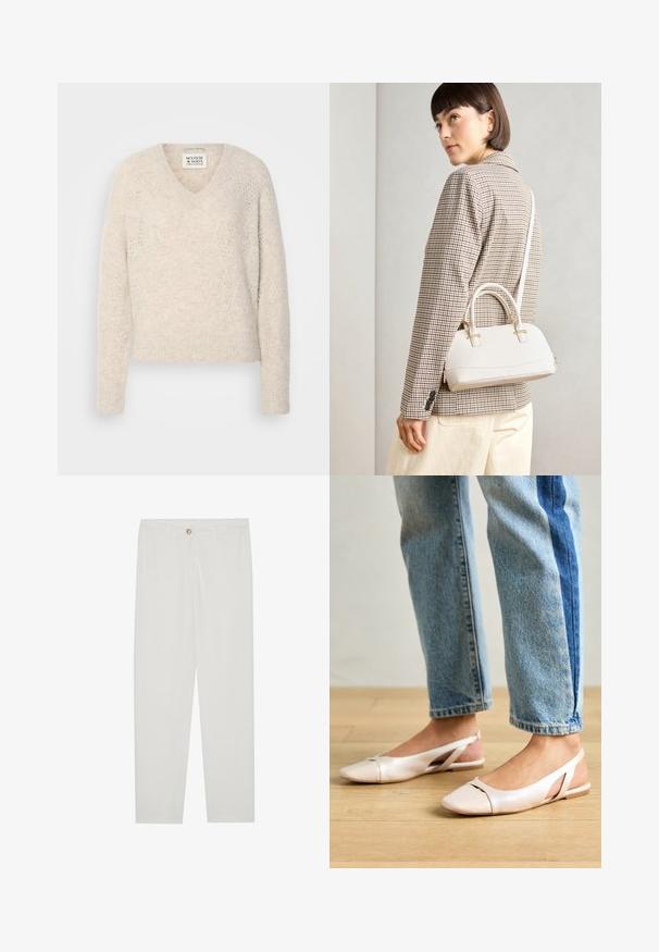 V-hals, langermet genser i lys beige, med et strukturert strikkemønster med diamantmotiver og ribbede ermer og nederkant.; Hvite, skreddersydde bukser med rette ben, med knapplukking, beltehemper og sidelommer; glatt tekstur.; Lys rosa slingback leiligheter med spiss tå, laget av et glatt, læraktig materiale. Har utskjæringer på sidene og lav hæl.; Hvit strukturert håndveske med korte håndtak og skulderreim, med detaljer i gullfinish og teksturert materiale, vist mot en grå bakgrunn.