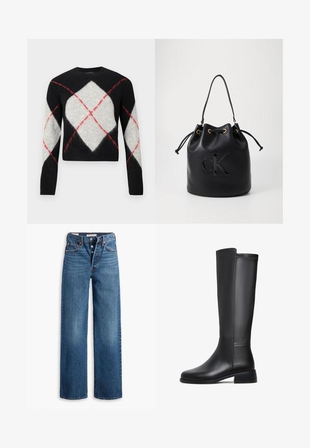 Zwart wollen trui met een grijs-wit argyle-patroon met rode accenten. Het heeft een ronde hals en lange mouwen, met een cropped zoom.; Zwarte mouwloze top met hoge hals, gemaakt van gladde, elastische stof, weergegeven op een effen witte achtergrond.; Blauwe denim jeans met een wijduitlopende ontwerp, vijf zakken, knoopsluiting en contrasterende stiksels. Gestructureerde stof met een vervaagde afwerking.; Zwarte leren kniehoge laars met een gladde textuur, ronde neus, lage blokhak en subtiele stikdetails aan de zijkant.; Zwarte leren emmer tas met trekkoord sluiting, voorzien van een glanzend "CK" logo aan de voorkant en gouden hardware accenten.