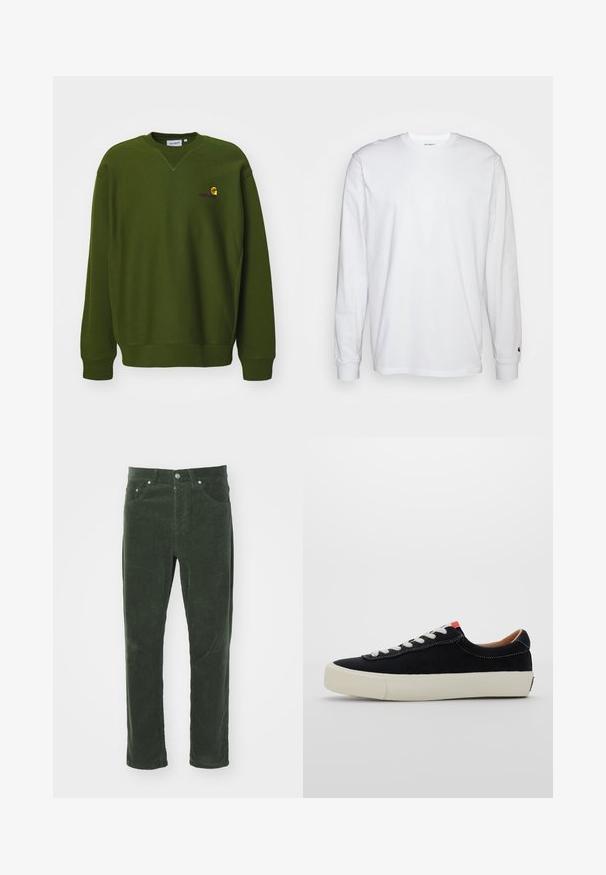 Olive roheline dressipluus lõdva lõikega, ümar kaelus ja ribaga mansetid. Ees on väike kollane ja lillakas tikandiga logo.; Valge pika varrukaga T-särk, mis on valmistatud puuvillast. Ümmargune kaelus, ribaga mansetid ja väike logo vasakul varrukal. Sile tekstuur.; Roheline vaskingpüksid sirge säärega disainiga, viie taskuga, metallist nööp sulgemisega ja tekstuuriga ribaline pind.; Must mustrasneaker mustmustraday valgetus valge nööritega, beež kummist tallaga ja punase aktsendiga kandade juures. Ümar nina ja minimaalne õmblusdetail.