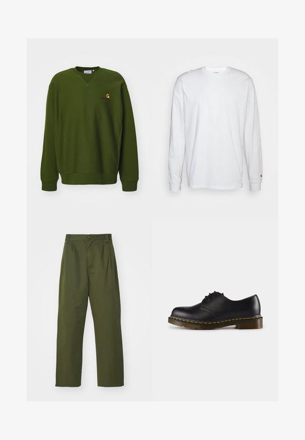 Olive green sweatshirt with a relaxed fit, crew neck, and ribbed cuffs. Features a small, yellow and purple embroidered logo on the chest.; White long-sleeved T-shirt made of cotton. Crew neck design with ribbed cuffs and a small logo on the left sleeve. Smooth texture.; Olive green, high-waisted pants with a straight leg design. Made of a lightweight fabric, featuring front pleats and a button closure.; Black leather shoe with rounded toe, lace-up design, yellow stitching along the sole, and a chunky, textured rubber outsole.