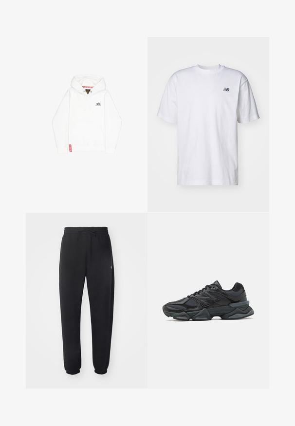 Felpa bianca con cappuccio, tasca frontale, chiusura con cordino e un piccolo logo nero sul petto. Presenta un'etichetta rossa sull'orlo.; T-shirt bianco a maniche corte con scollo rotondo e piccolo logo nero New Balance sul lato sinistro del petto, su uno sfondo neutro.; Pantaloni della tuta neri realizzati in materiale morbido con vita elastica, coulisse e polsini aderenti, caratterizzati da un logo sottile sul lato.; Scarpa da corsa nera con una combinazione di materiali in rete e sintetici, suola spessa, design curvo e marchio ben visibile sul lato.