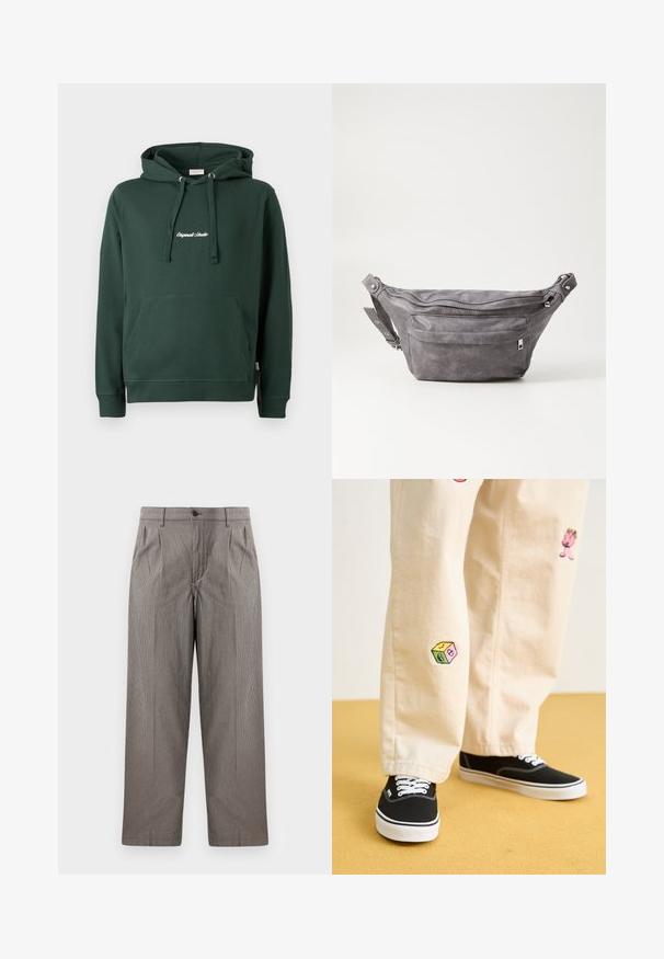 Zeleni pamukasti dukserica s kapuljačom, prednjim kenguru džepom, rebrastim rubovima i izvezenim logom na prsima u bijeloj boji. Jednostavan dizajn.; Hlače s uzorkom u sivoj kockastoj kombinaciji, ravnog kroja, s pregibima, pojasom s kopčanjem na dugme i bočnim džepovima.; Bež pamuk hlače s razigranim izvezenim dizajnima, uključujući ružičasti lik i obojene blokove, uparene s crnim vezicama za cipele.; Siva zamšasta torbica preko struka sa zaobljenim oblikom, dva zip zatvorena odjeljka i podesivim remenom. Sadrži metalne naglaske.