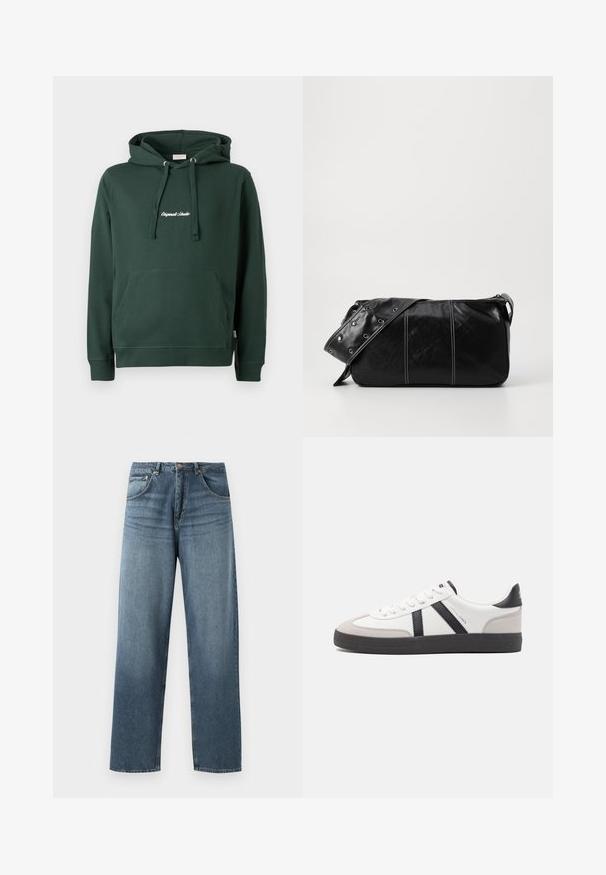 Groene katoenen hoodie met een voorkant kangaroozak, ribgebreide boorden en geborduurd logo op de borst in het wit. Eenvoudig ontwerp.; Rechtaankomende blauwe spijkerbroek met een vervaagde was, voorzien van een vijfzakkenontwerp, metalen knoop en riemlussen. Gestructureerde, middelzware stof.; Witte sneaker met zwarte en grijze accenten, voorzien van een grijze neus met textuur, zwarte rubberen zool en platte witte veters. Schoon ontwerp, minimalistische stijl.; Zwarte leren schoudertas met een ritsluiting, voorzien van een gestructureerd lichaam, witte stiksels en een band met zilveren oogjes.