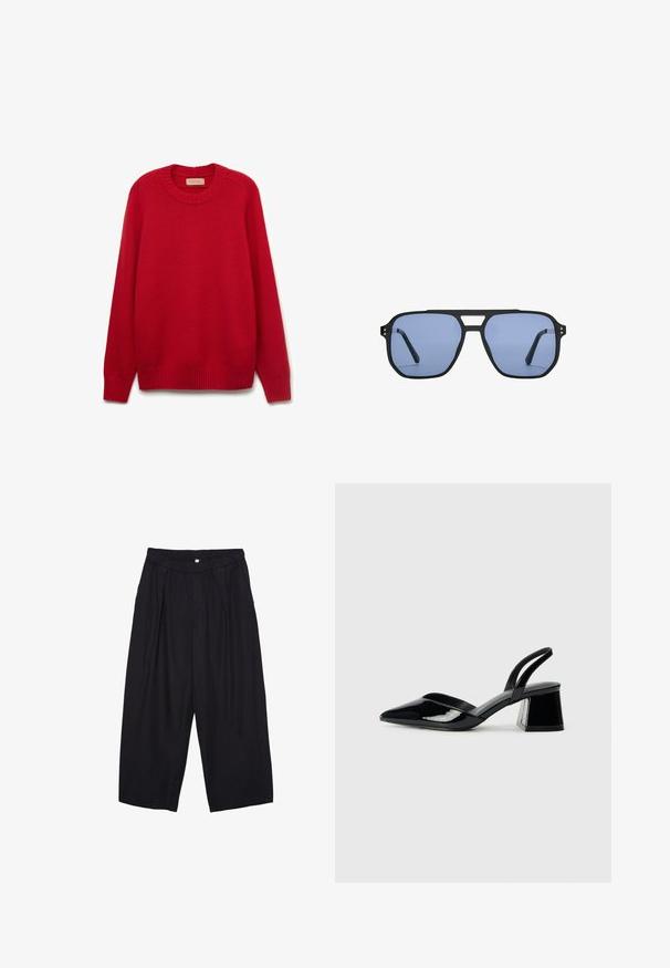 Roter Pullover mit Rundhalsausschnitt, gerippten Bündchen und Saum. Aus weichem Strickmaterial gefertigt, mit gleichmäßiger Textur und einfarbigem Design.; Schwarze Polyester-Culotte mit einem elastischen Bund, zwei vorderen Falten und einer lockeren Silhouette. Keine sichtbaren Muster oder Hardware-Details.; Schwarze Lackleder-Slingback-High Heels mit spitzem Schuh und einem geometrischen Blockabsatz. Verfügt über ein schlankes, minimalistisches Design und eine glatte Textur.; Stradivarius RETRO - Sonnenbrille - light blue