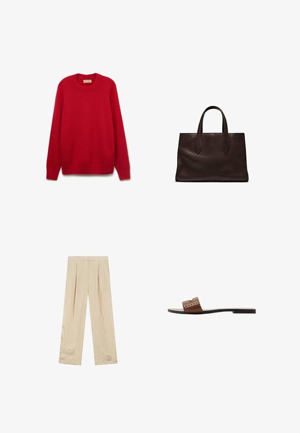 Roter Pullover mit Rundhalsausschnitt, gerippten Bündchen und Saum. Aus weichem Strickmaterial gefertigt, mit gleichmäßiger Textur und einfarbigem Design.; Beige, weit geschnittene Hose mit Falten; aus einem strukturierten Stoff mit subtiler Satinoptik; gerader Saum; keine sichtbaren Taschen oder Verzierungen.; Braune Leder-Slidesandalen mit flacher Sohle, ausgestattet mit einem breiten Riemen und weißen geometrischen Akzenten für ein minimalistisches Design.; Braune Ledertasche mit zwei langen Griffen, strukturierte rechteckige Form, glatte Textur und dezente Nähdetails.; Brauner tropfenförmiger Anhänger an einem dünnen Silberband, mit einem runden, gemusterten Akzentstück über dem Anhänger. Glatte Textur, minimalistisches Design.