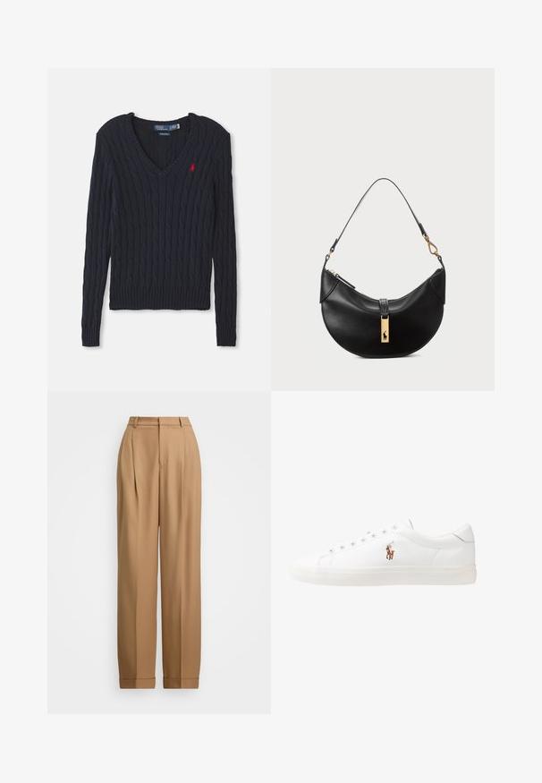 Námořnický pletený svetr s výstřihem do V, s texturou copánkového úpletu, žebrovanými manžetami a lemem a malým červeným logem na prsou.; Svetle modrá košile na knoflíky s dlouhými rukávy a bílým kontrastním límcem. Vyznačuje se hladkou texturou a pěti předními knoflíky.; Beige kalhoty na míru s vysokým pasem, plisovaným předním dílem, zúženými nohavicemi a ohrnutými manžetami. Hladký materiál s jemnou strukturou.; Bílé kožené tenisky, nízký střih, s hladkým povrchem, kulatou špičkou, šněrováním v přední části a malým vyšitým logem na boku.; Černá kožená kabelka ve tvaru půlměsíce. Obsahuje zlaté kovové detaily a úzký popruh. Hladký povrch, zapínání na zip na vrchu.