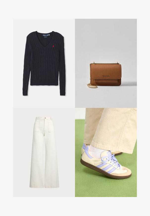 Navy knitted sweater with a V-neck, featuring cable knit texture, ribbed cuffs and hem, and a small red logo on the chest.; Wide-leg jeans in off-white denim. High-waisted design with a button closure, two front pockets, and contrast stitching details.; Cream and lavender sneakers with three stripes and a textured brown sole, featuring laces and a padded heel. Soft fabric upper.; Brown textured leather crossbody bag with gold chain strap and flap closure. Front features logo detail and a pocket under the flap.
