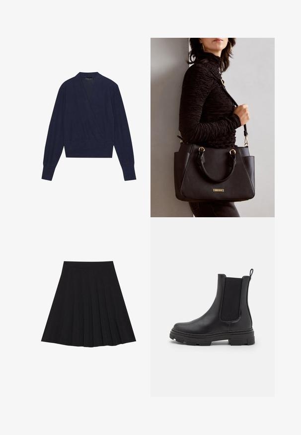 Sweater envolvente azul marinho com mangas longas, decote em V e punhos canelados. Tecido suave com uma textura lisa e um design justo na cintura.; Saia preta plissada feita de tecido texturizado com uma faixa na cintura ajustada. Cai até ao joelho, apresentando uma silhueta suave e limpa.; Bota de tornozelo em couro preto com painéis laterais elásticos, bico arredondado e sola de borracha texturizada. Apresenta uma alça na parte traseira para fácil calçar.; Bolsa preta com superfície texturizada, alças superiores duplas e alça de ombro ajustável. Apresenta ferragens em tom dourado e bolsos laterais.