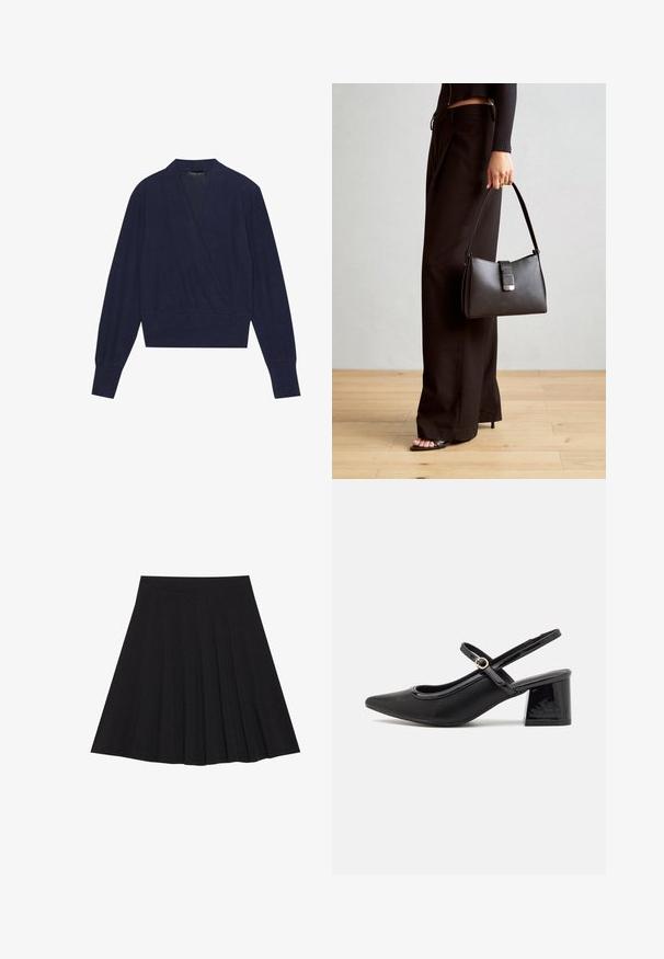 Navy blue wrap sweater with long sleeves, V-neckline, and ribbed cuffs. Soft fabric with a smooth texture and a fitted waist design.; Black pleated skirt made of textured fabric with a fitted waistband. Falls to knee length, featuring a smooth, clean silhouette.; Black patent leather slingback heels with a pointed toe, a rounded cutout design, and a block heel. Features a gold-tone buckle accent.; Black handbag with structured shape, smooth texture, and a metallic clasp. Paired with wide black pants and open-toe sandals on wooden floor.