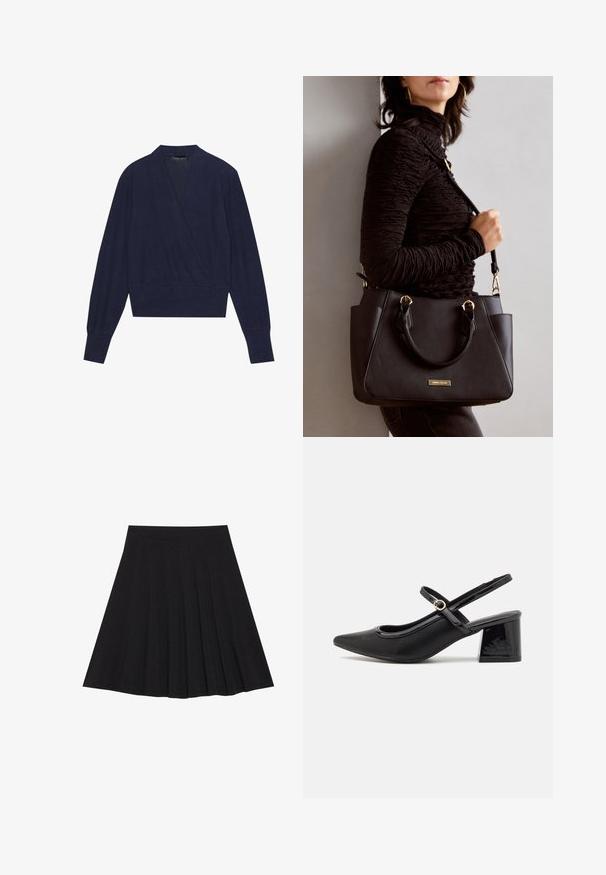 Temno modri oblečen pulover z dolgimi rokavi, V-izrezom in rebrastimi manšetami. Mehek material s gladko teksturo in prilegajočim pasom.; Črna plisirana krila iz strukturiranega materiala s prilegajočim pasom. Segajo do kolen in ponujajo gladko, čisto silhueto.; Črne patentne usnjene salonarce s slingback obliko, s koničastim nosom, zaobljenim izrezom in blok peto. Imajo zlato kovinsko zaponko kot dodatno okrasje.; Črna torbica z teksturirano površino, z dvema zgornjima ročajema in nastavljivim ramenskim pasom. Ima zlatovrateče dodatke in stranske žepe.