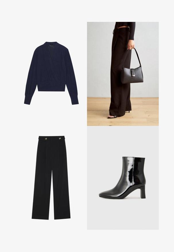 Tumši zils apsegtā svītra džemperis ar garām piedurknēm, V veida kakla izgriezumu un ribotām aprocēm. Mīksta auduma ar gludu tekstūru un pieguļošu jostas dizainu.; Melnas platās bikses ar augstu jostasvietu, pogu detaļām uz jostas un priekšējām krokām.; Melnas patentētas ādas potīšu zābaki ar norādītu pirkstu un vidēja augstuma kvadrātveida papēdi. Gluda tekstūra un minimālisma dizains.; Melnā somiņa ar strukturētu formu, gludu tekstūru un metālu sprādzi. Saskaņota ar platām melnām biksēm un sandālēm ar atvērtu purngalu uz koka grīdas.